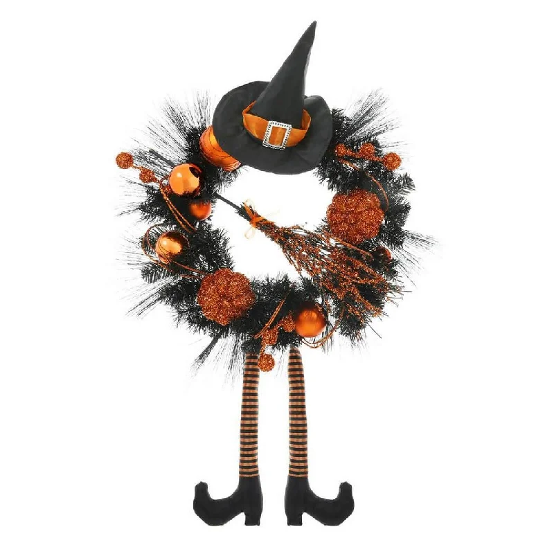 24" Orange Witch Halloween Wreath Sparkly Hanging Decoration