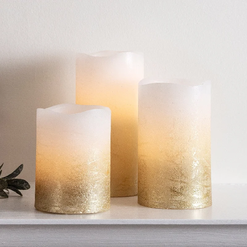 3 Metallic Gold Ombre Wax LED Pillar Candles