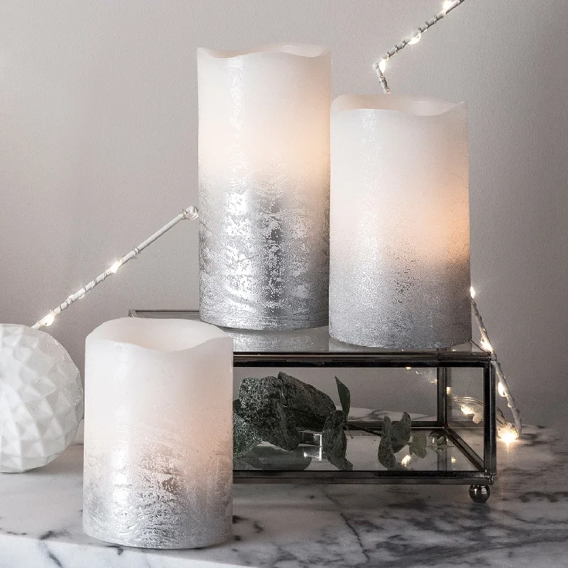 3 Metallic Silver Ombre Wax LED Pillar Candles