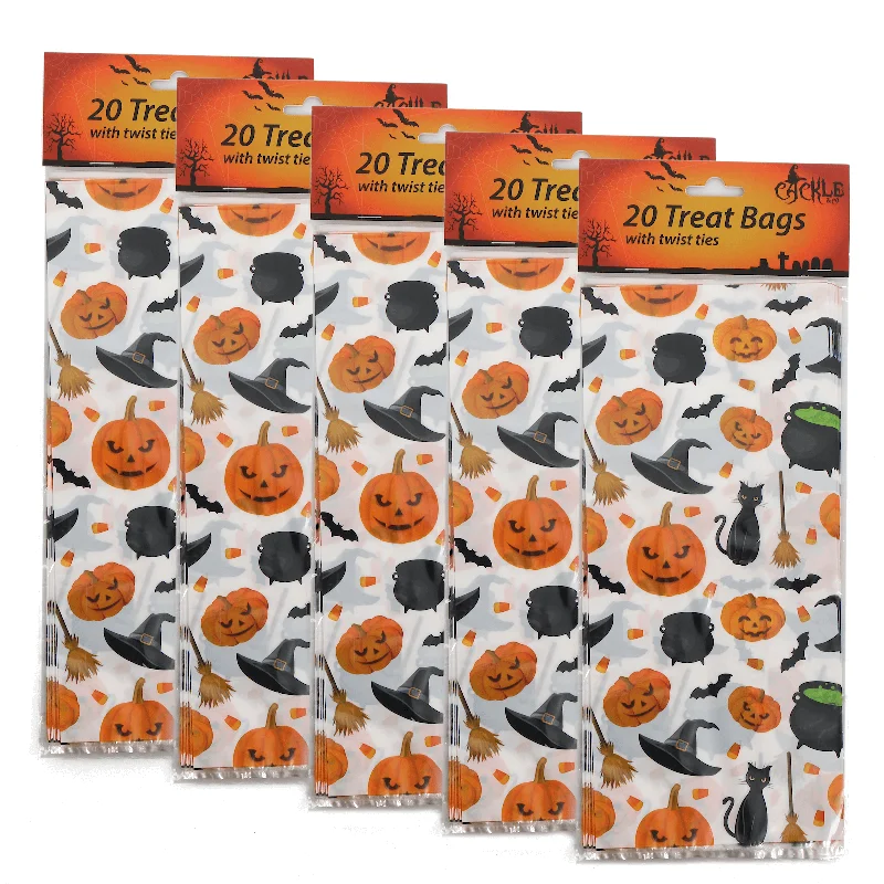 5 x 20pk Halloween Trick Or Treat Cellophane Bags With Ties