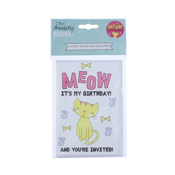 Amazing Birthday Party Invites Meow 16 Pk