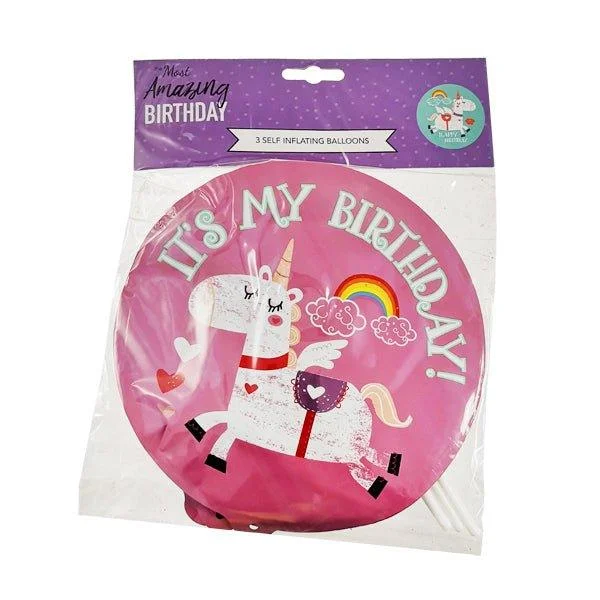 Amazing Birthday Self Inflating Balloons Unicorn 3 Pk