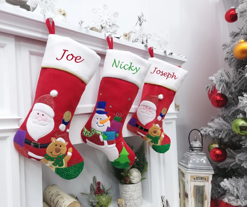 Applique Santa Snowman Christmas Stockings Personalized Embroidered for Kids Adults - Xmas Holiday Decor