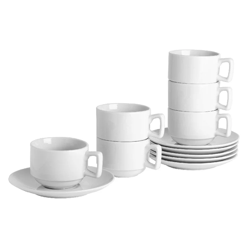 200ml White China Stacking Teacups & Saucers - 6 Sets - By Argon Tableware