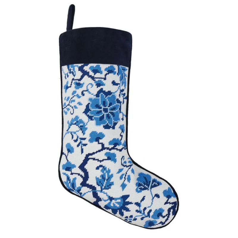 Blue and White Chinoiserie Flowers Embroidered Needlepoint Christmas Stocking