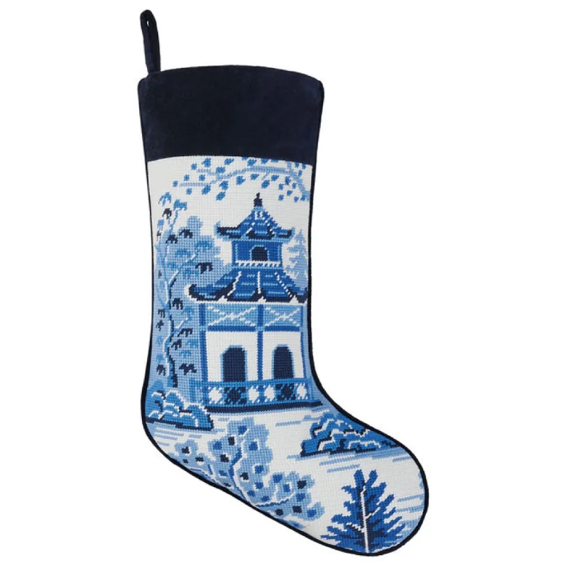 Blue and White Chinoiserie Pagoda Embroidered Needlepoint Christmas Stocking