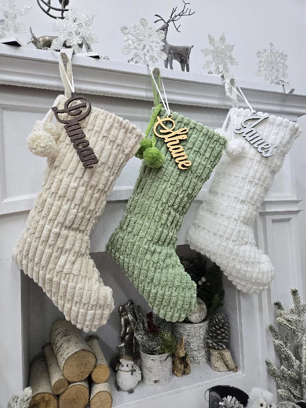 Boho Christmas Stockings with Pom Poms | Sage Cream White Fabric Chic Modern Style Farmhouse  Textured Personalized Embroidered Name or Tag