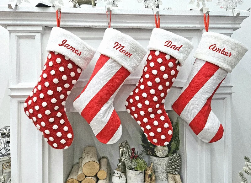 Candy Cane Themed Christmas Stockings Red White Polka Dots Striped Fun Festive Whimsical Holiday Decor Personalized Embroidered Name or Tag