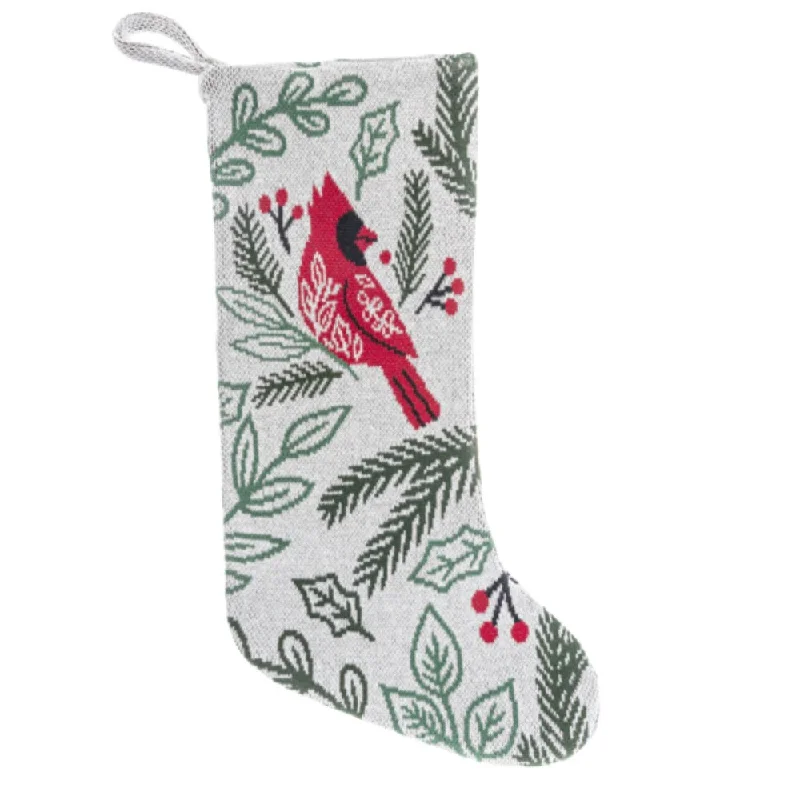 Cardinal with Winter Greenery Knit Stocking