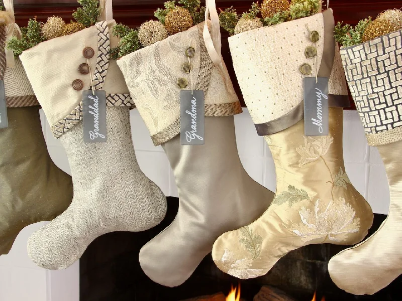 Moss Green, Silver, Gold and Taupe Christmas Stockings — Traditional, Unique, Modern Christmas Stockings --  Shipping Included!