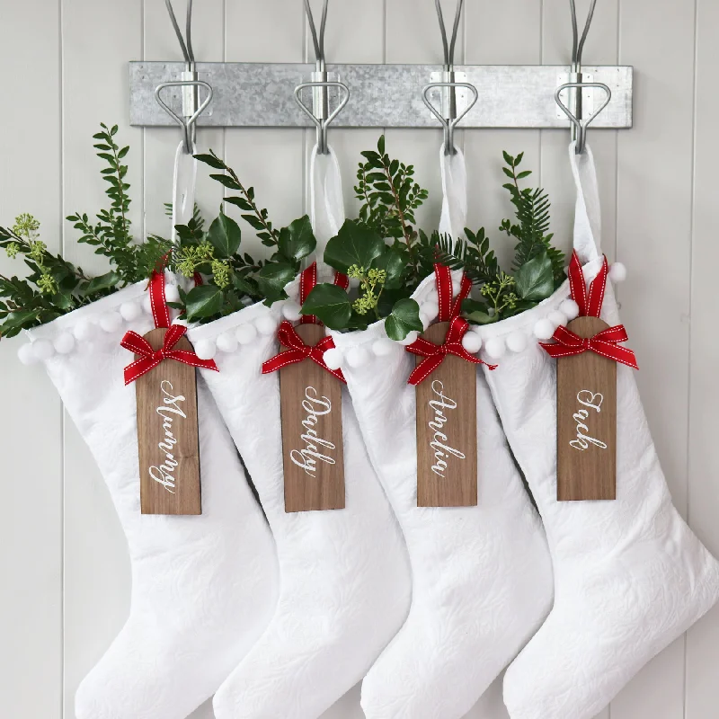 Pure White Santa Stocking With Personalised Wooden Tag