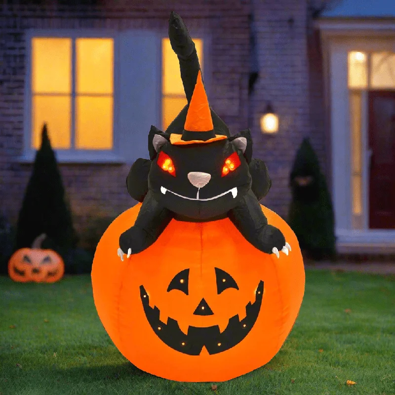 Giant 4ft Inflatable Light Up Pumpkin Black Cat Halloween Outdoor Decoration