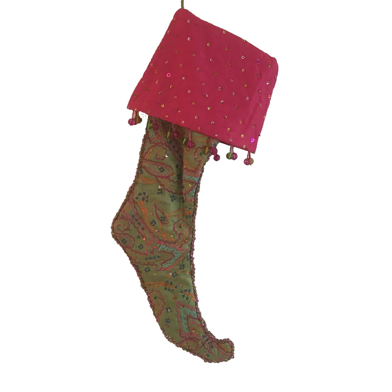 Green Paisley Embroidered  Stocking