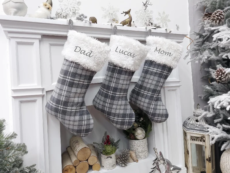 Grey Plaid White Faux Fur Christmas Stocking | Farmhouse Rustic Xmas Decor Greyscale Modern Traditional Personalized Embroidery Name Tag