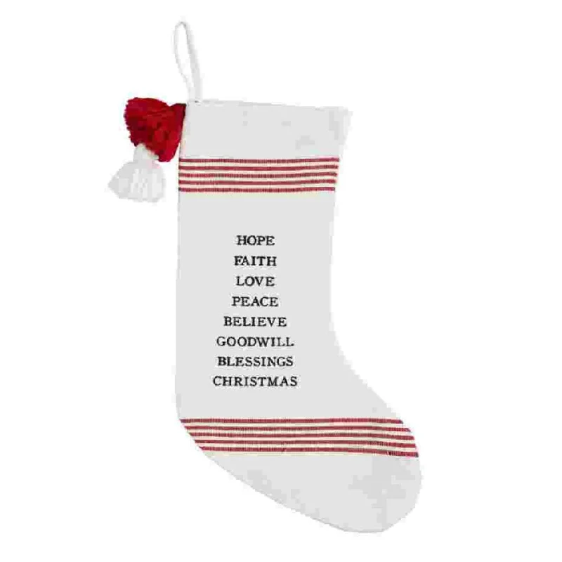 "Hope Faith Love" Red and White Cotton Christmas Stocking