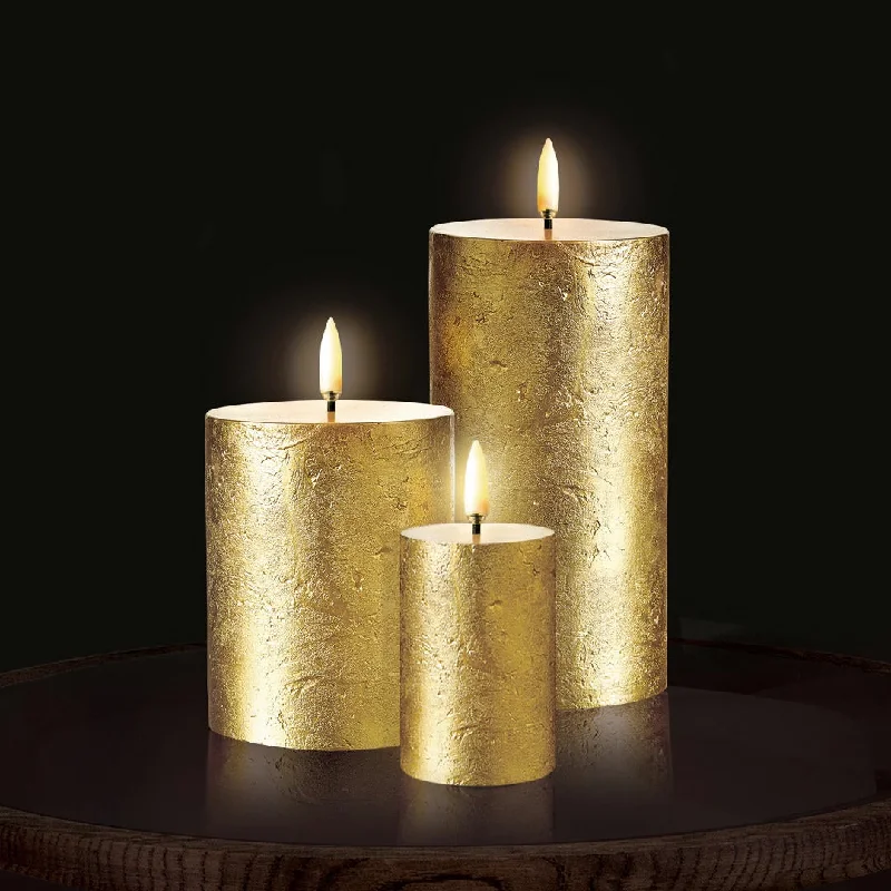 Metallic Gold Textured Pillars | Flameless Candle