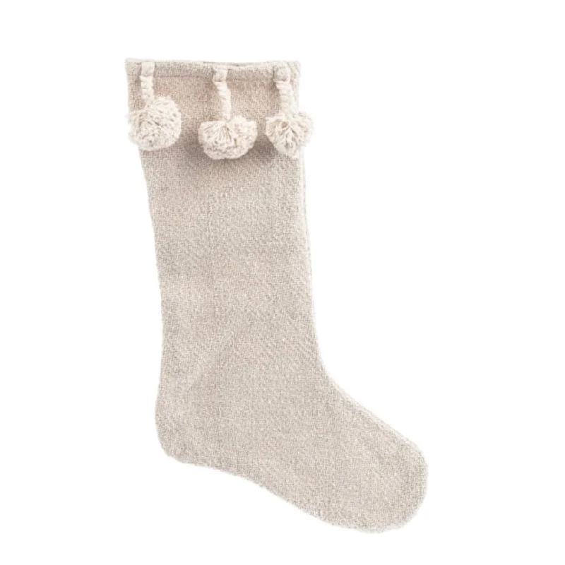 Natural Cotton Christmas Stocking with Pom Poms