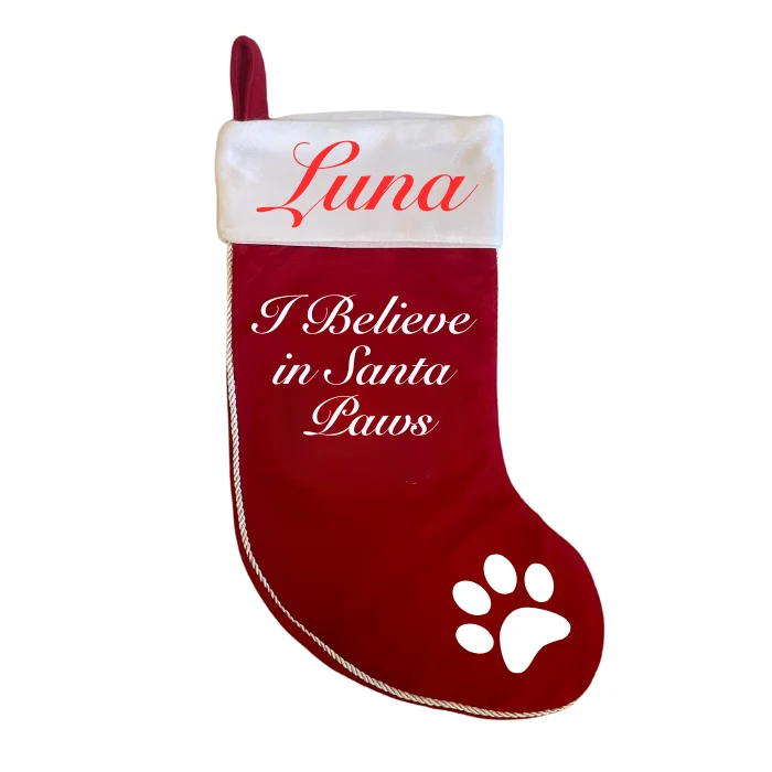 Personalised 'I Believe in Santa Paws' Stocking