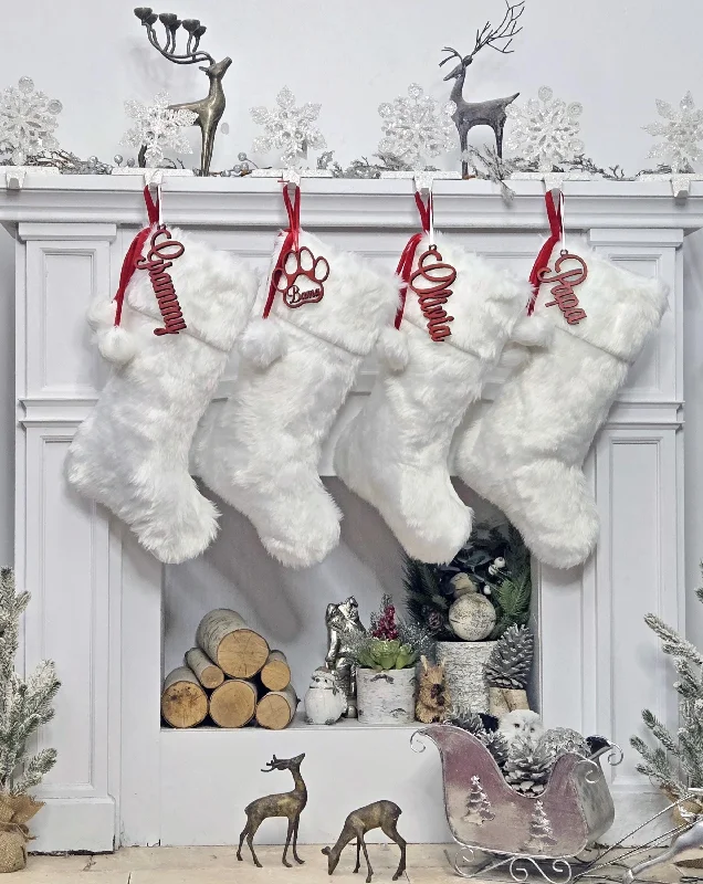 Plush Faux Fur Christmas Stockings with Red Laces and Pom Poms | White Festive Fun Holiday Decor Personalized Embroidered Name or Wood Tag