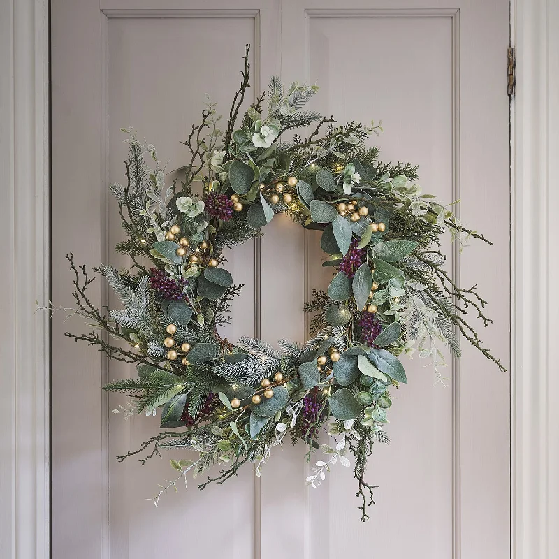 Pre Lit Eucalyptus, Pine & Gold Berry Christmas Wreath with TruGlow® Advent LED Candle Set