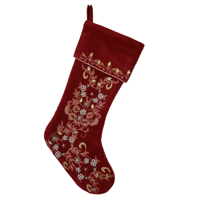 Red Velvet Stocking with Pearl and Embroidery