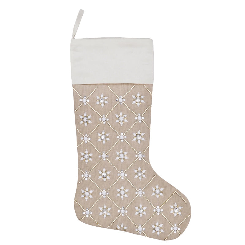 Natural with White Beads Embellished Christmas Stocking