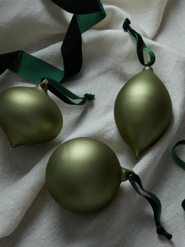 Set of 3 Frosted Green Glass Baubles