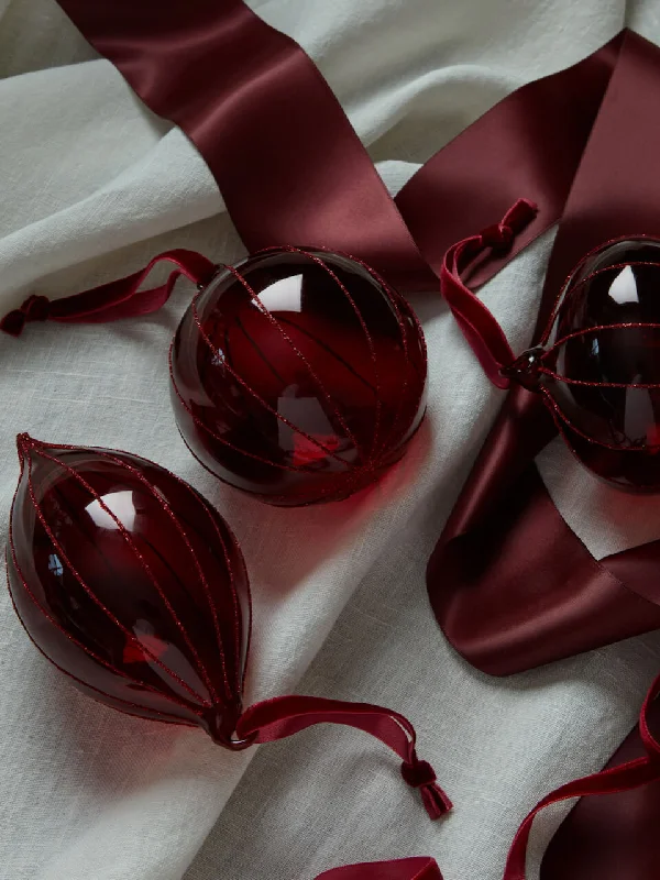 Set of 3 Glitter Burgundy Glass Baubles