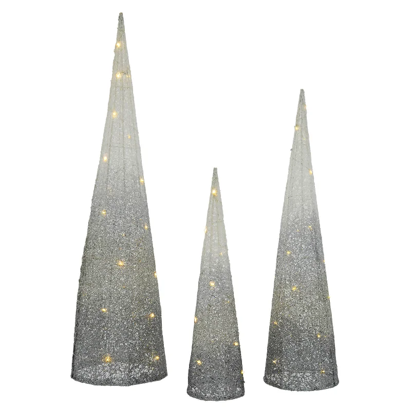 Set of 3 LED Cone Christmas Trees White To Silver Glitter Mesh