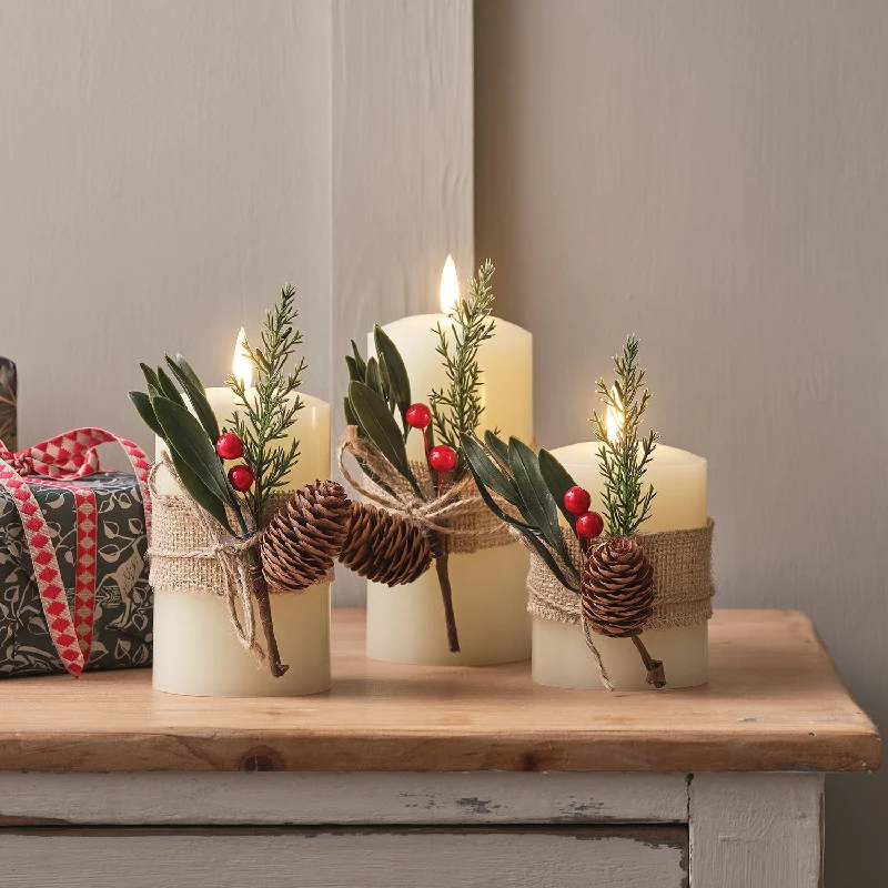 3 Winter Foliage Wrapped TruGlow® LED Pillar Candles