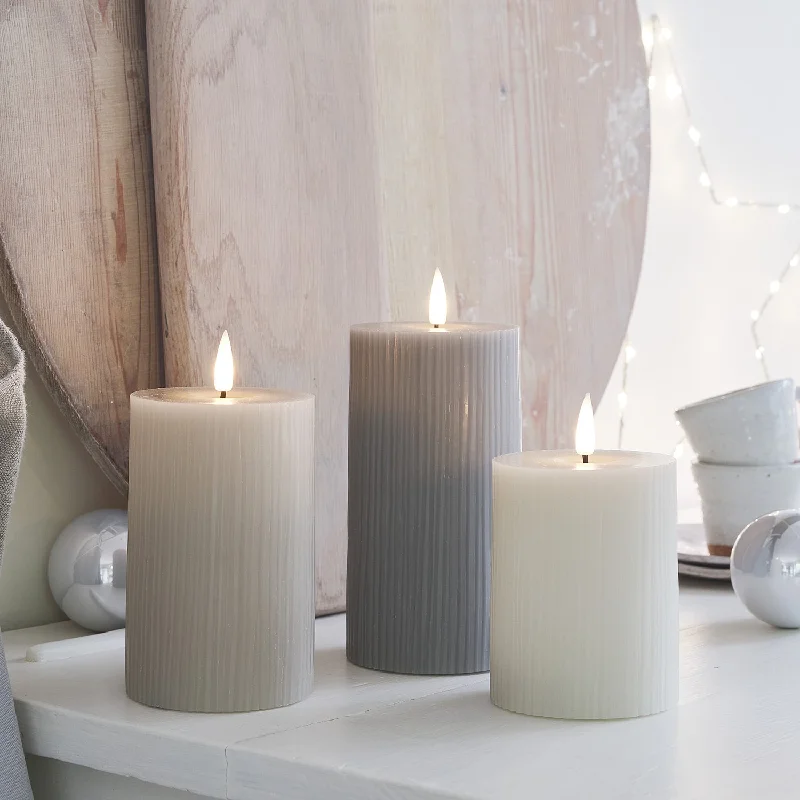 TruGlow® Grey Ribbed LED Pillar Candle Trio