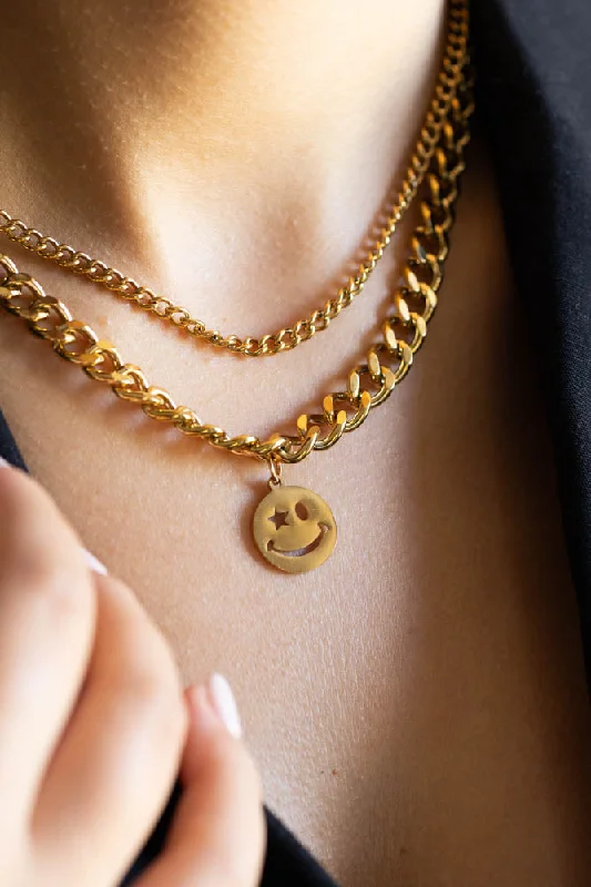 Waterproof Wink Face Gold Duo-Chain Necklace