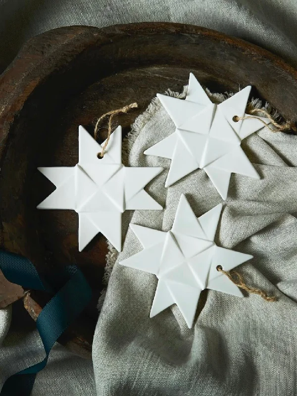 Set of 3 White Ceramic Origami Star Decorations