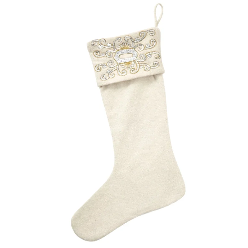 Wool Christmas Stocking with Empress Beaded Cuff, Cream