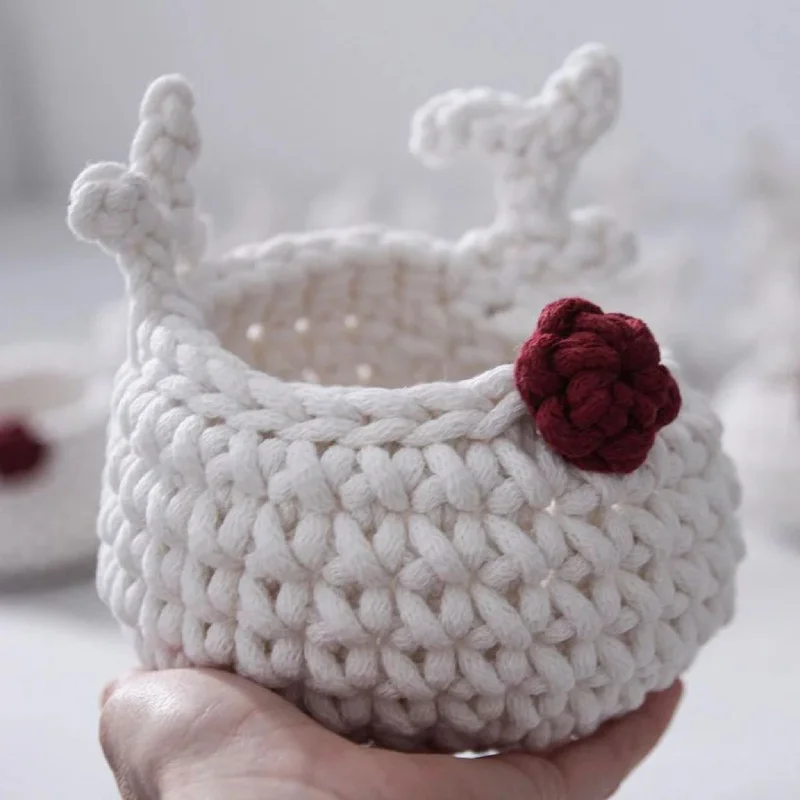 Zuri House Crochet Reindeer Basket - Ivory